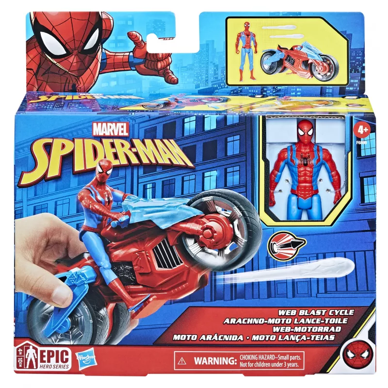 Marvel Spider-Man Web Blast Cycle vaikiškas motociklo žaidimų rinkinys su judinama Spider-Man figūrėle