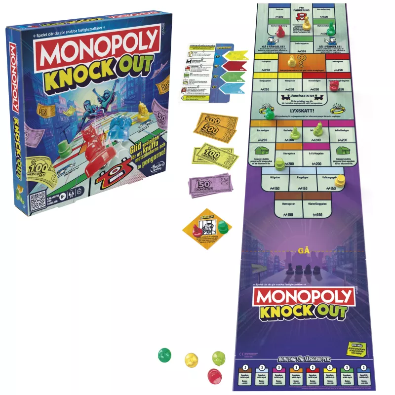 Monopoly Knockout šeimyninis vakarėlių žaidimas, greitai žaidžiami stalo žaidimai nuo 8 metų, 2-8 žaidėjai, 20 min.