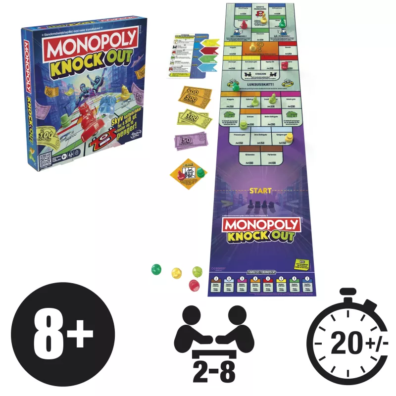 Monopoly Knockout – Šeimyninis vakarėlių žaidimas, greitas stalo žaidimas nuo 8 metų, 2-8 žaidėjai, 20 min.