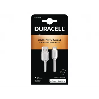 Duracell Sync/Charge kabelis 1 metras baltas, USB A – Lightning, 2.0