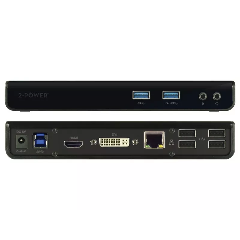 2-Power USB 3.0 Dviejų Ekranų Docking Stotelė, Docking, 3.5 mm, USB Type-A, USB Type-B, 10,100,1000 Mbit/s, Juoda, 5 Gbit/s