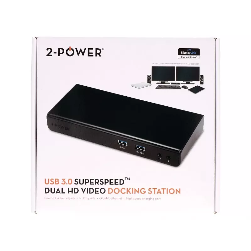 2-Power USB 3.0 Dviejų Ekranų Docking Stotelė, Docking, 3.5 mm, USB Type-A, USB Type-B, 10,100,1000 Mbit/s, Juoda, 5 Gbit/s