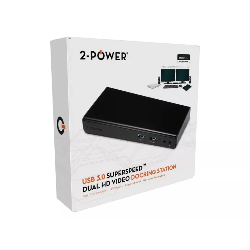 2-Power USB 3.0 Dviejų Ekranų Docking Stotelė, Docking, 3.5 mm, USB Type-A, USB Type-B, 10,100,1000 Mbit/s, Juoda, 5 Gbit/s