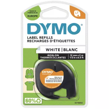 DYMO LetraTag lyginamos etiketės audiniams | Autentiškos | 12 mm x 2 m ritinys | Juodas spaudinys ant balto | Lyginamos etiketės drabužiams, idealiai tinka uniformoms/vaikų drabužiams | LetraTag spausdintuvams