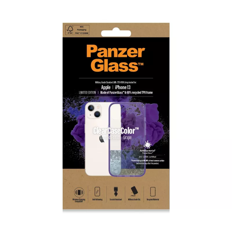 PanzerGlass ClearCaseColor™ iPhone 13 - Grape (violetinis) permatomas apsauginis dėklas iš grūdinto stiklo
