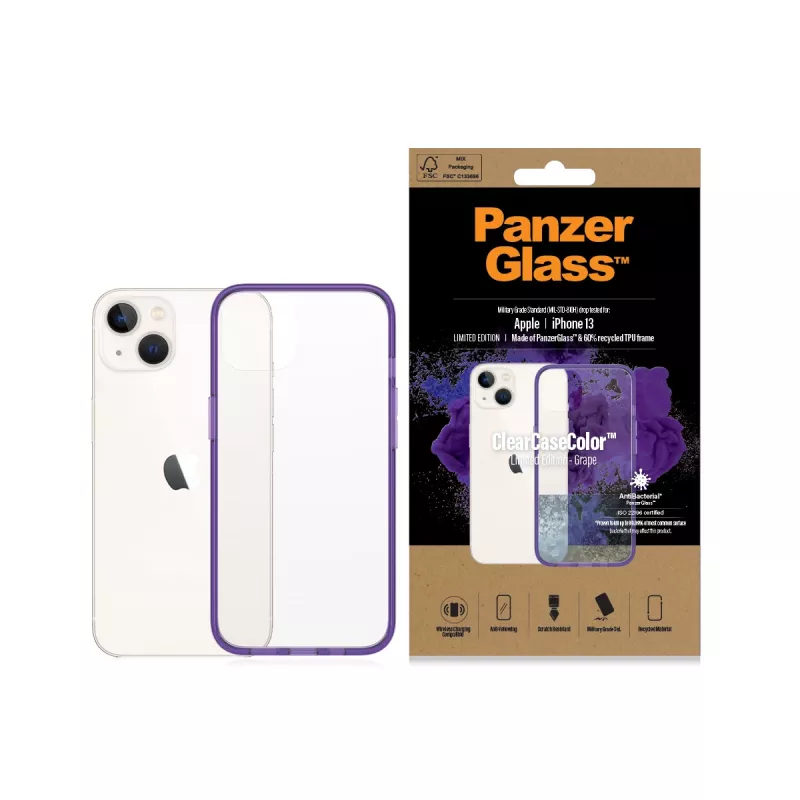 PanzerGlass ClearCaseColor™ iPhone 13 - Grape (violetinis) permatomas apsauginis dėklas iš grūdinto stiklo