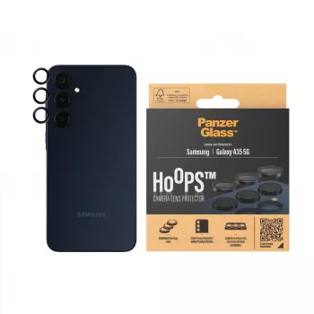 PanzerGlass Hoops apsauginis stiklas fotoaparatui, skirtas Samsung Galaxy A35 5G, grūdintas stiklas, juodas rėmelis