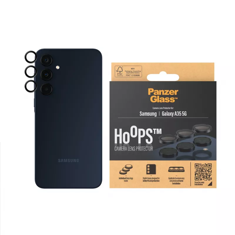 PanzerGlass Hoops apsauginis stiklas fotoaparatui, skirtas Samsung Galaxy A35 5G, grūdintas stiklas, juodas rėmelis