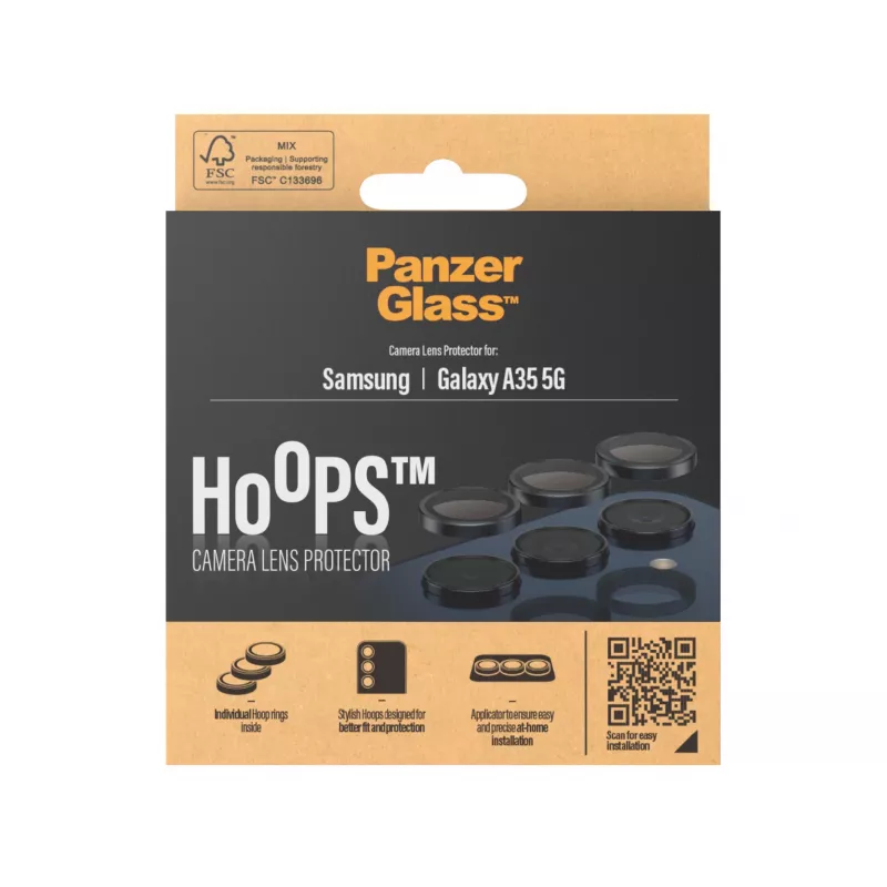 PanzerGlass Hoops apsauginis stiklas fotoaparatui, skirtas Samsung Galaxy A35 5G, grūdintas stiklas, juodas rėmelis