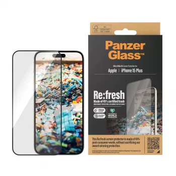 PanzerGlass ® Re:fresh apsauginis ekrano stiklas iPhone 15 Plus | Ultra-Wide Fit su EasyAligner