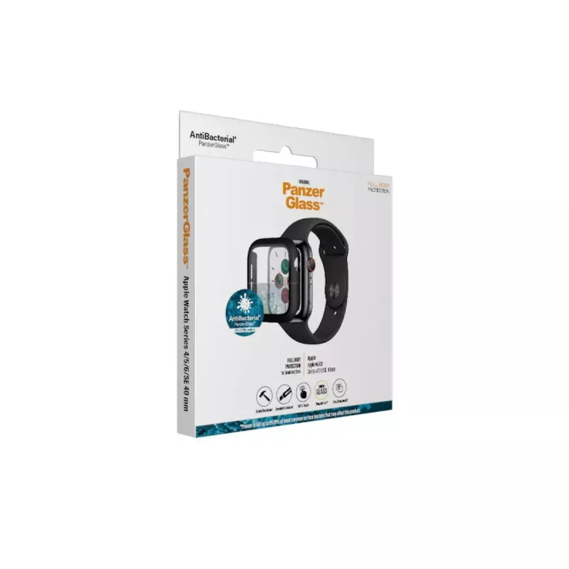 Apsauginis stiklas PanzerGlass Full Body, skirtas Apple Watch Series 4/5/6/SE 40mm, juodas, 29,8×35,1×0,43 mm