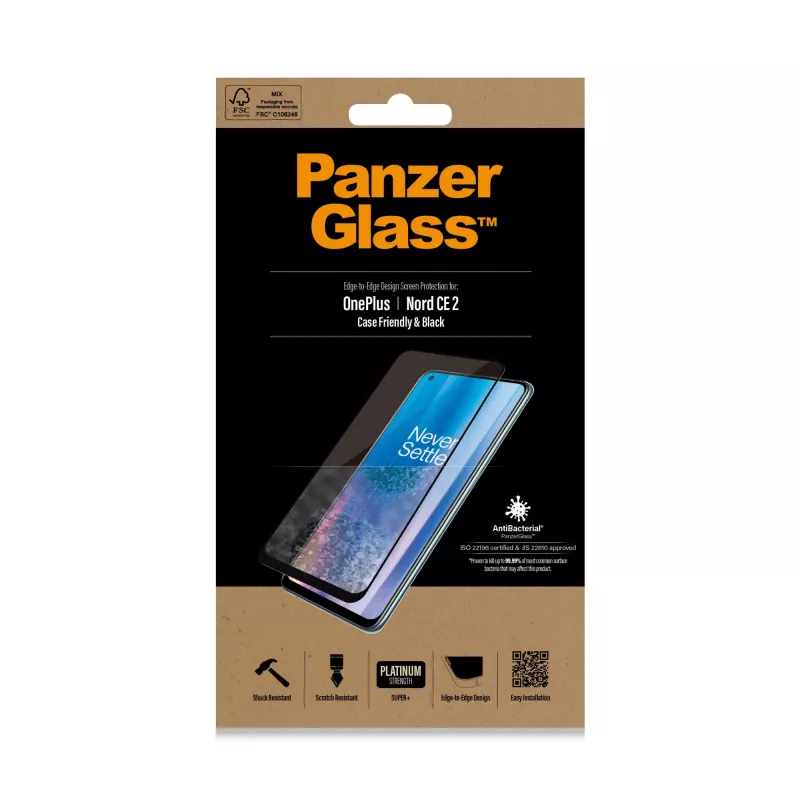 Apsauginis stiklas PanzerGlass OnePlus Nord 2 CE nuo įbrėžimų ir smūgių, antibakterinis
