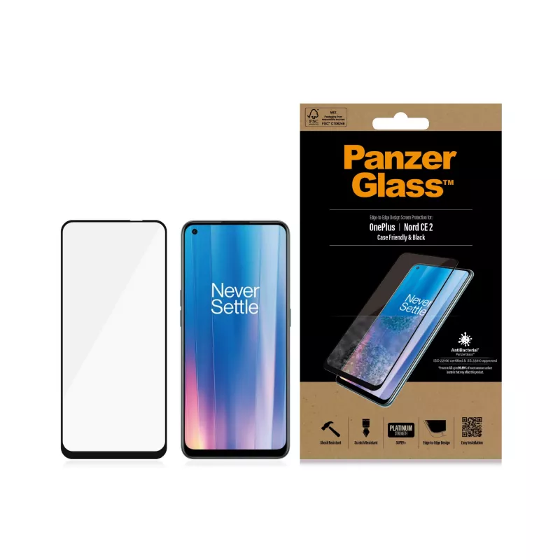 Apsauginis stiklas PanzerGlass OnePlus Nord 2 CE nuo įbrėžimų ir smūgių, antibakterinis
