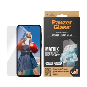 Apsauginis stiklas PanzerGlass MATRIX su D3O, skirta Samsung Galaxy A35 5G — itin platus PET, sausas montavimas, 1 vnt., permatomas