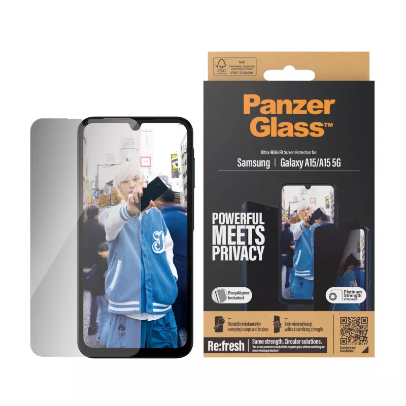 PanzerGlass® Privatumo apsauginis stiklas Samsung Galaxy A15 | A15 5G | Ultra-Wide Fit su EasyAligner