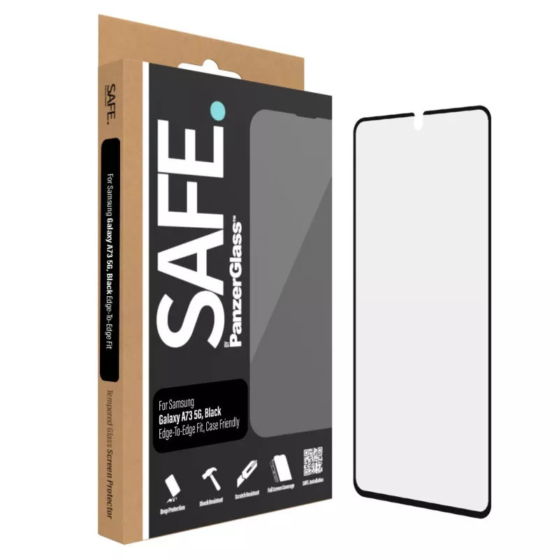 Apsauginis stiklas PanzerGlass SAFE, skirtas Samsung Galaxy A73 5G — grūdintas stiklas, atsparus įbrėžimams ir smūgiams, sausas montavimas, skaidrus