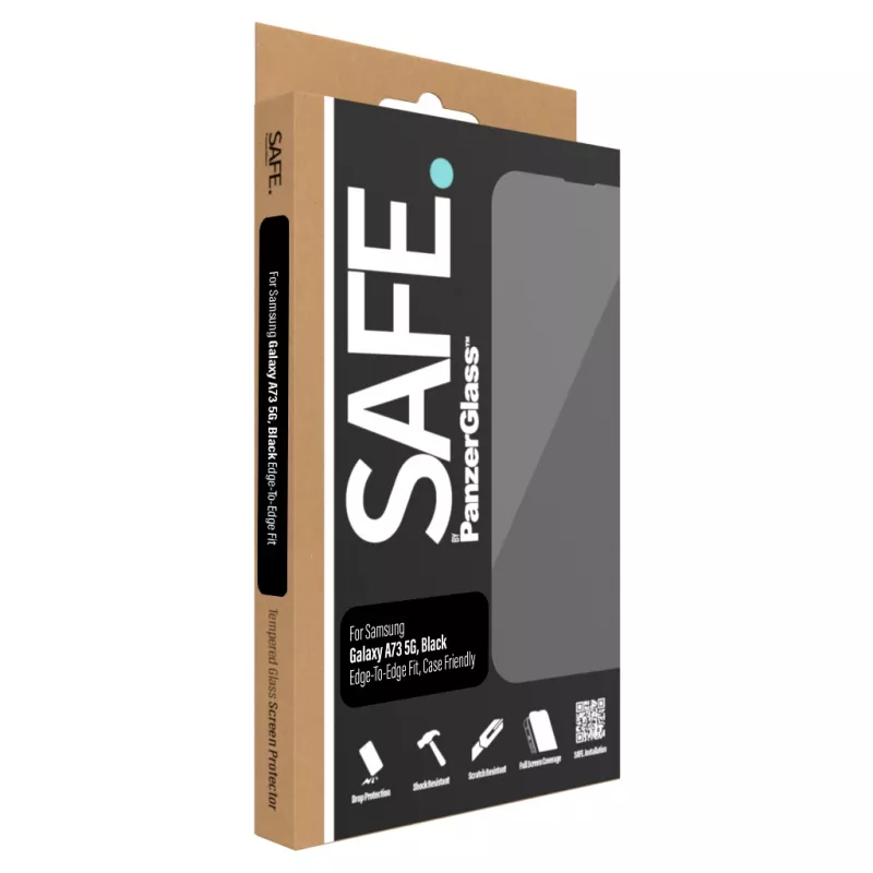 Apsauginis stiklas PanzerGlass SAFE, skirtas Samsung Galaxy A73 5G — grūdintas stiklas, atsparus įbrėžimams ir smūgiams, sausas montavimas, skaidrus