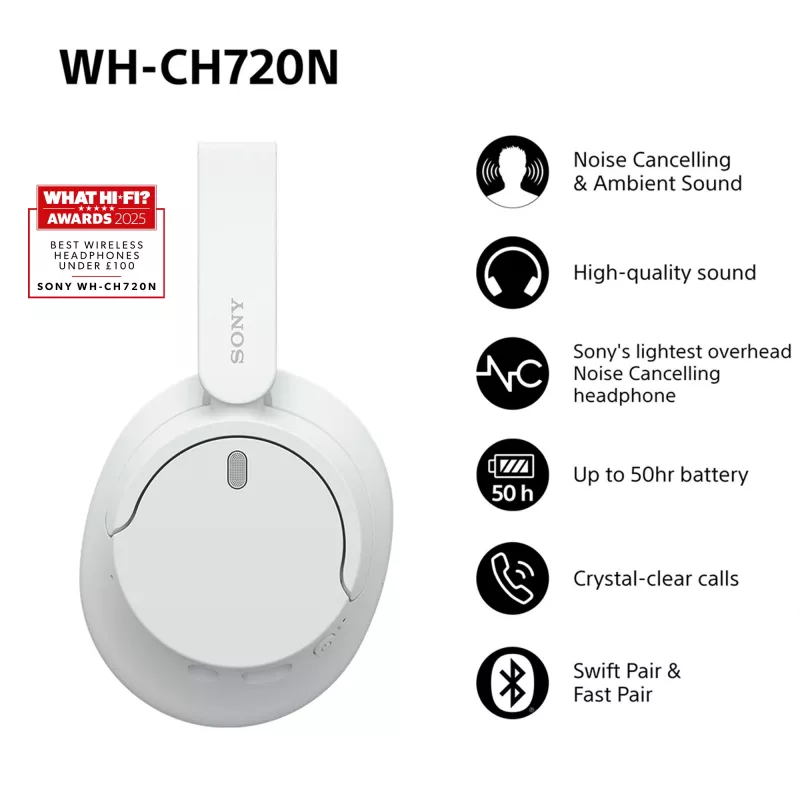 Sony WH-CH720 ausinės laidinės ir belaidės ant ausų skambučiams/muzikai USB Type-C Bluetooth balta