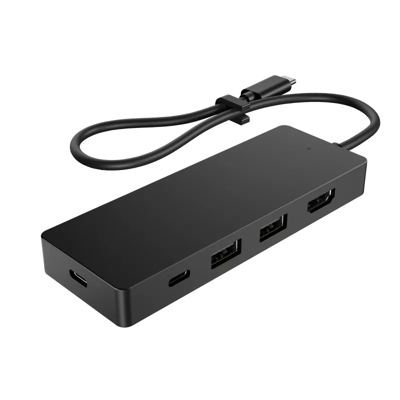 USB-C kelionių stotelė G3 — HP, USB 3.2 Gen 2 Type-C pagrindinė jungtis, HDMI, USB-A, PD iki 65 W, 116×41.9×14.5 mm