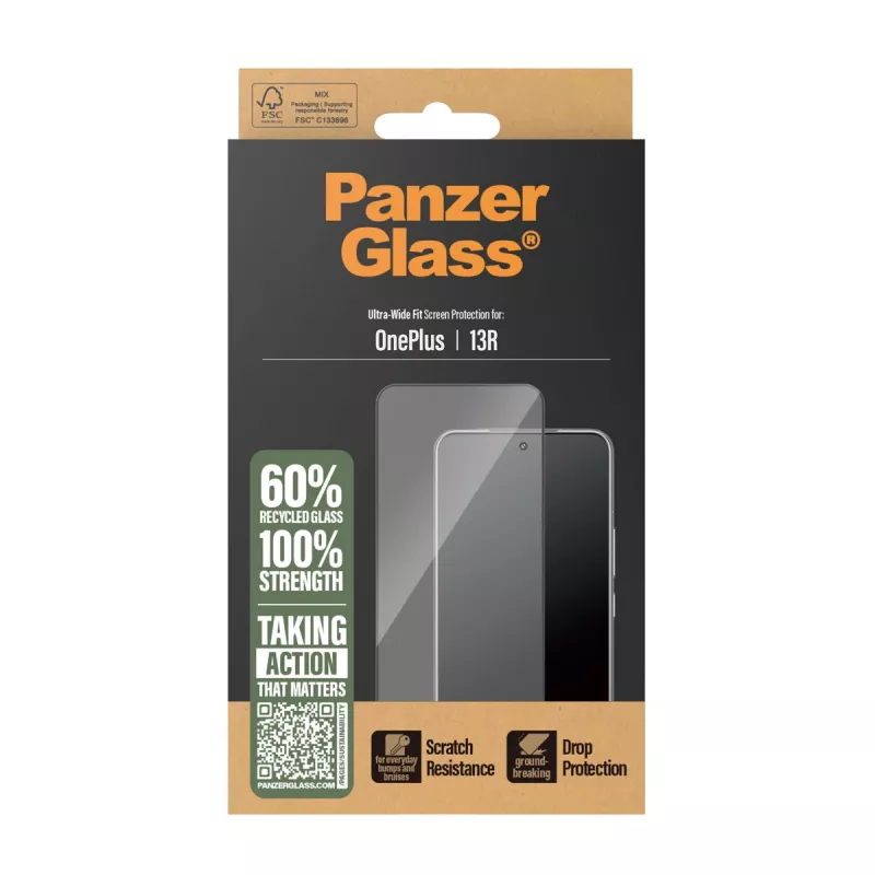 PanzerGlass ® Apsauginis stiklas OnePlus 13R | Itin platus prigludimas, sausas klijavimas, atsparus įbrėžimams ir smūgiams, skaidrus, 1 vnt.