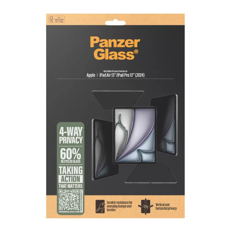 PanzerGlass ® 4 krypčių privatumą užtikrinantis ekrano apsauginis stiklas, skirtas iPad Air 13 colių (2024–2025) | iPad 13 colių Pro (2024–2025) | itin platus prigludimas
