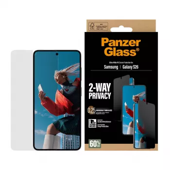 PanzerGlass 2-Way privatumo ekrano apsauga, skirta Samsung Galaxy S26 — Ultra-Wide Fit, PET + silikonas, atspari įbrėžimams ir smūgiams