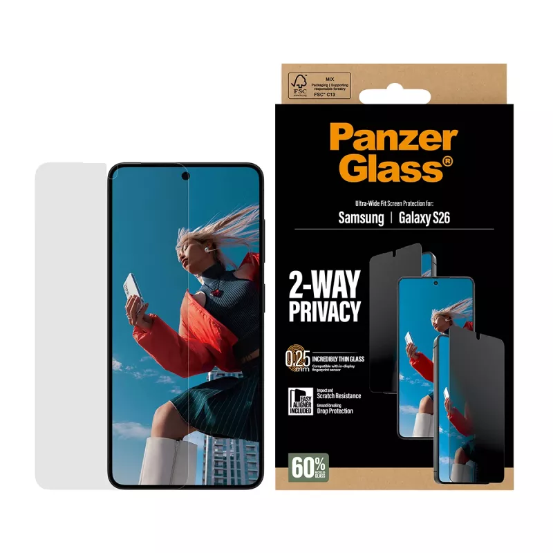 PanzerGlass 2-Way privatumo ekrano apsauga, skirta Samsung Galaxy S26 — Ultra-Wide Fit, PET + silikonas, atspari įbrėžimams ir smūgiams