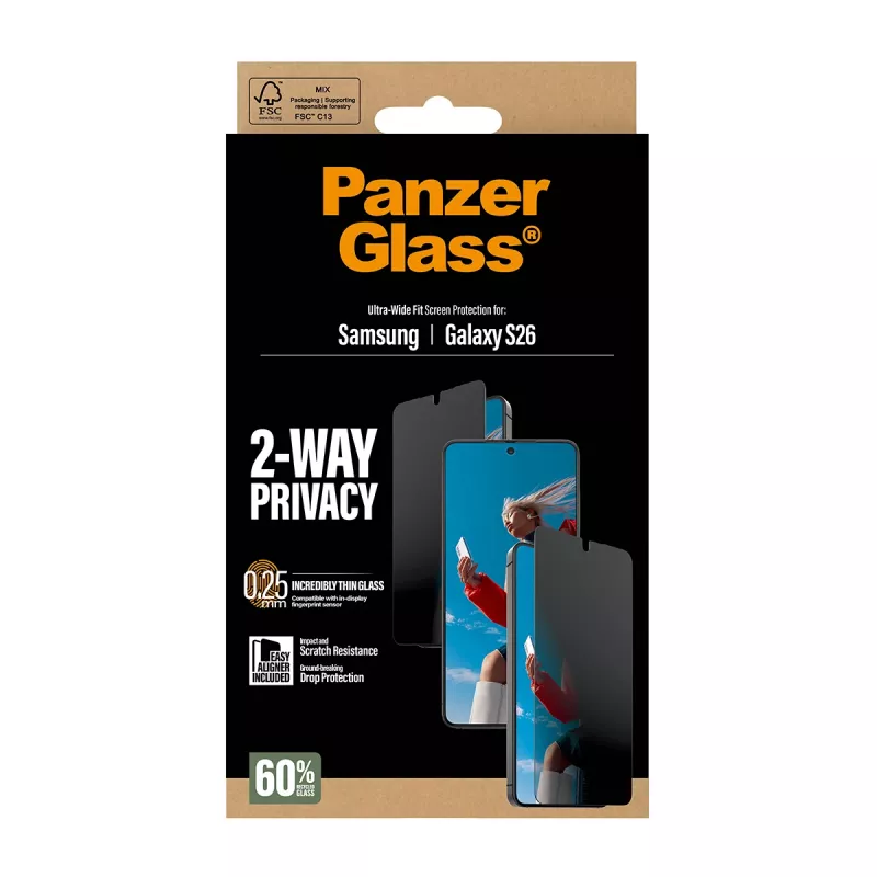 PanzerGlass 2-Way privatumo ekrano apsauga, skirta Samsung Galaxy S26 — Ultra-Wide Fit, PET + silikonas, atspari įbrėžimams ir smūgiams