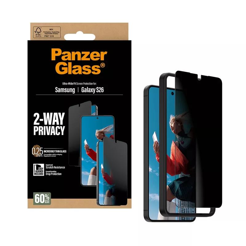 PanzerGlass 2-Way privatumo ekrano apsauga, skirta Samsung Galaxy S26 — Ultra-Wide Fit, PET + silikonas, atspari įbrėžimams ir smūgiams