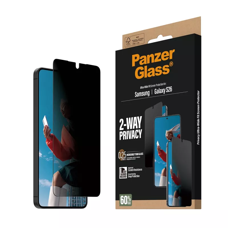 PanzerGlass 2-Way privatumo ekrano apsauga, skirta Samsung Galaxy S26 — Ultra-Wide Fit, PET + silikonas, atspari įbrėžimams ir smūgiams