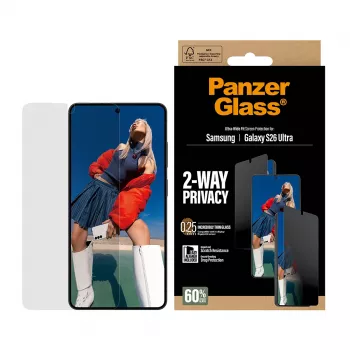 PanzerGlass 2-Way Privacy apsauginis stiklas Samsung Galaxy S26 Ultra — PET privatumo filtras, EasyAligner, 1 vnt.