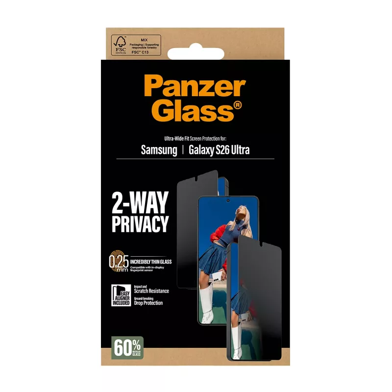 PanzerGlass 2-Way Privacy apsauginis stiklas Samsung Galaxy S26 Ultra — PET privatumo filtras, EasyAligner, 1 vnt.