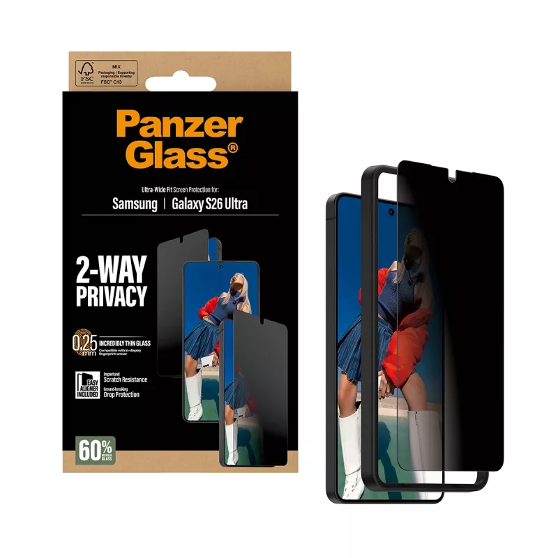 PanzerGlass 2-Way Privacy apsauginis stiklas Samsung Galaxy S26 Ultra — PET privatumo filtras, EasyAligner, 1 vnt.