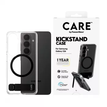Apsauginis dėklas PanzerGlass CARE™ Urban Explorer Case Samsung Galaxy S26, permatomas su juodu stoveliu ir Qi palaikymu