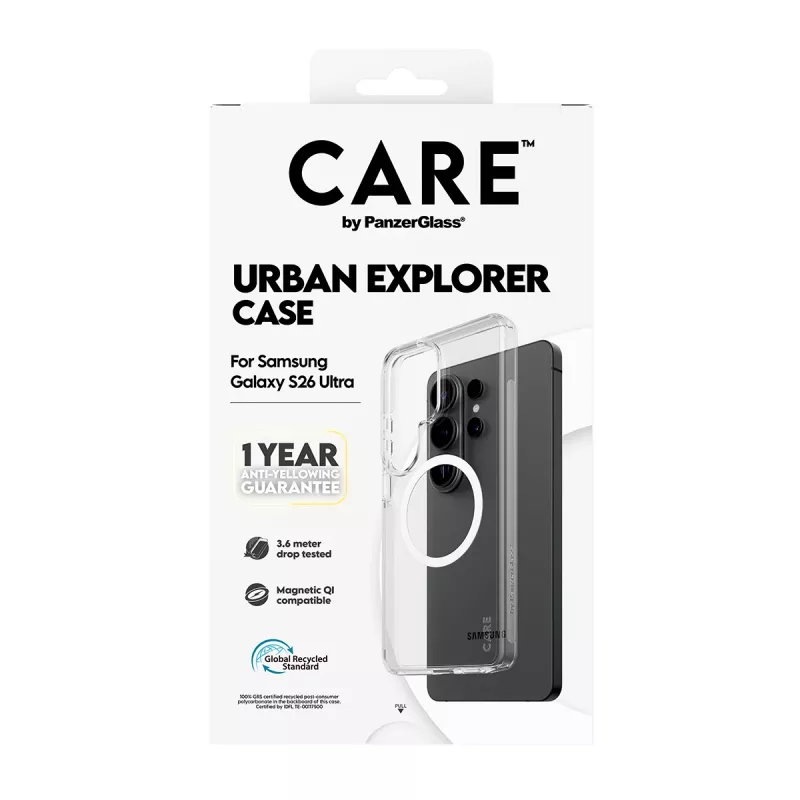 PanzerGlass CARE™ by Urban Explorer skaidrus dėklas su White Qi belaidžiu įkrovimu, skirtas Samsung Galaxy S26 Ultra