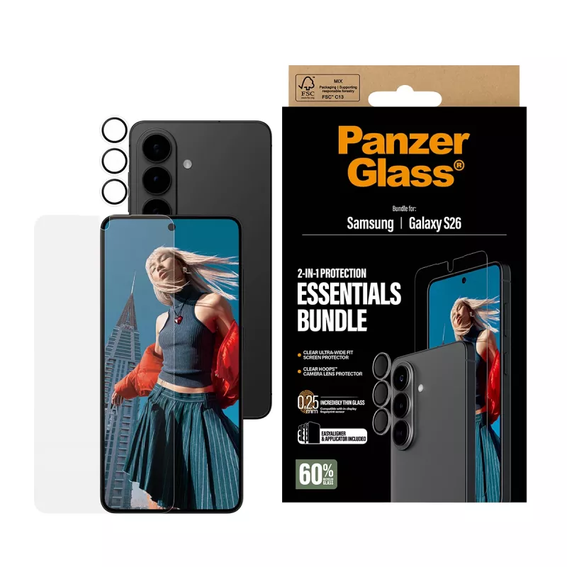 PanzerGlass Hoops 2-in-1 Ultra-Wide Fit apsauginis stiklas Samsung Galaxy S26 – grūdintas stiklas + PET/silikono sluoksniai