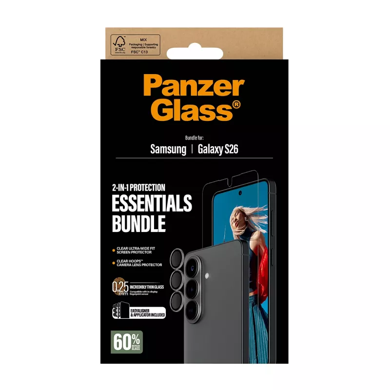 PanzerGlass Hoops 2-in-1 Ultra-Wide Fit apsauginis stiklas Samsung Galaxy S26 – grūdintas stiklas + PET/silikono sluoksniai