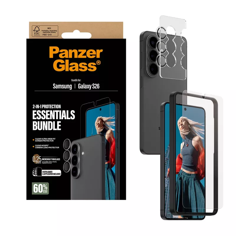 PanzerGlass Hoops 2-in-1 Ultra-Wide Fit apsauginis stiklas Samsung Galaxy S26 – grūdintas stiklas + PET/silikono sluoksniai