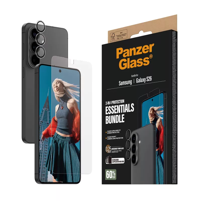 PanzerGlass Hoops 2-in-1 Ultra-Wide Fit apsauginis stiklas Samsung Galaxy S26 – grūdintas stiklas + PET/silikono sluoksniai