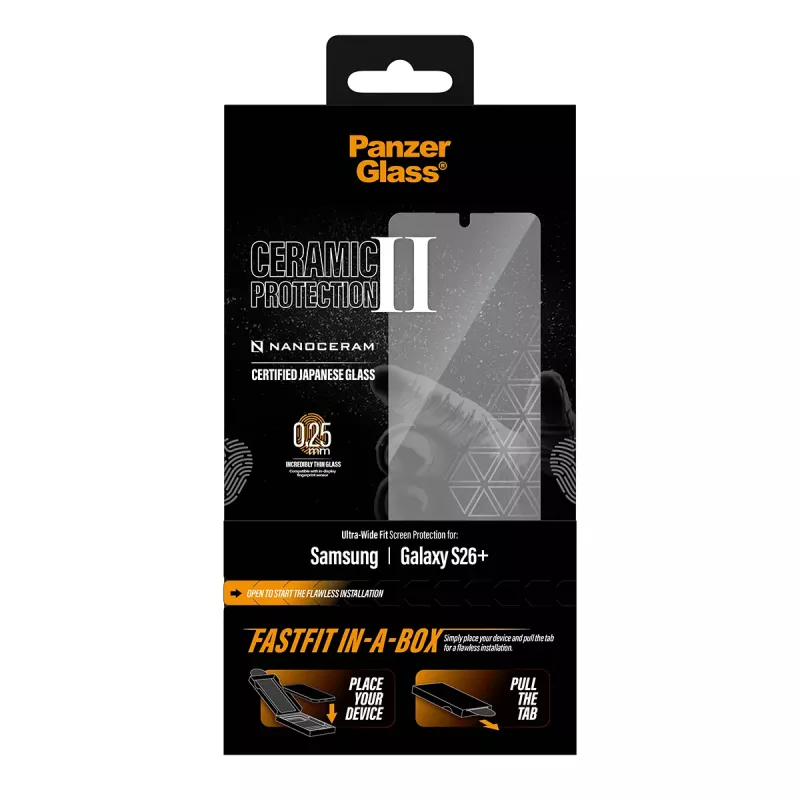 Apsauginis stiklas PanzerGlass Samsung Galaxy S26+ — Keraminis Ultra-Wide Fit, grūdintas stiklas PET, FASTFIT