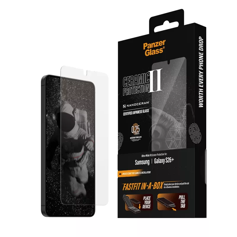 Apsauginis stiklas PanzerGlass Samsung Galaxy S26+ — Keraminis Ultra-Wide Fit, grūdintas stiklas PET, FASTFIT