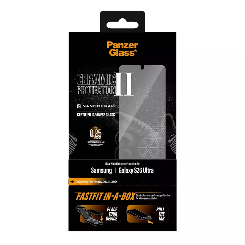 Apsauginis stiklas PanzerGlass Samsung Galaxy S26 Ultra — keraminis grūdintas stiklas, Ultra-Wide Fit, FASTFIT IN-A-BOX