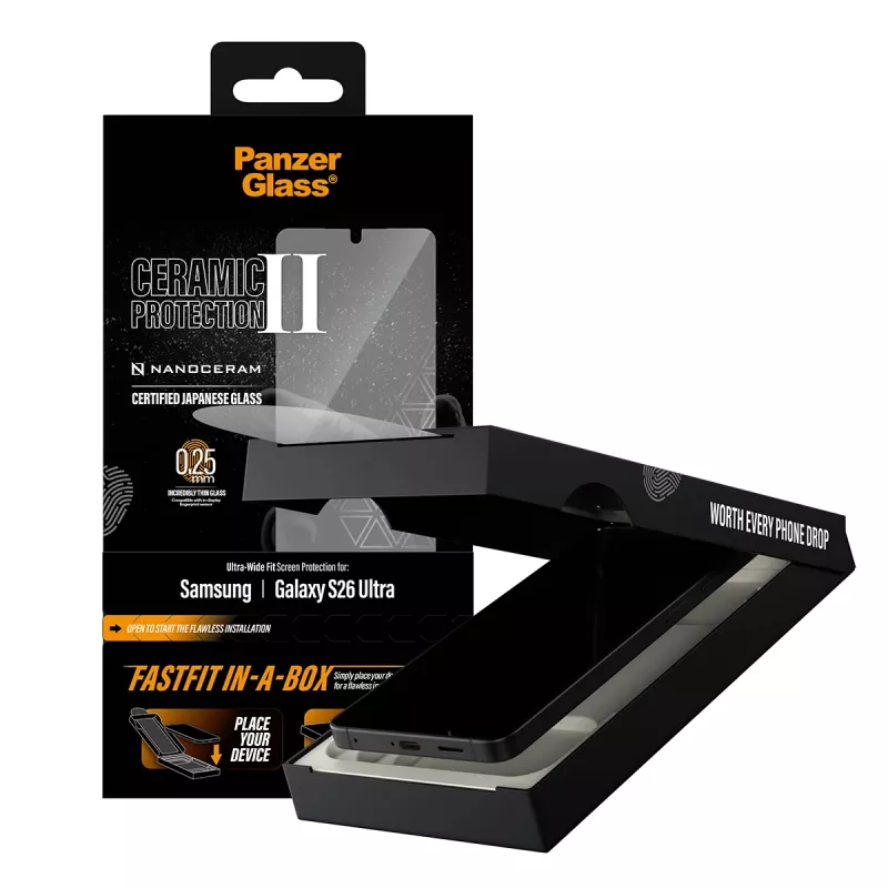 Apsauginis stiklas PanzerGlass Samsung Galaxy S26 Ultra — keraminis grūdintas stiklas, Ultra-Wide Fit, FASTFIT IN-A-BOX