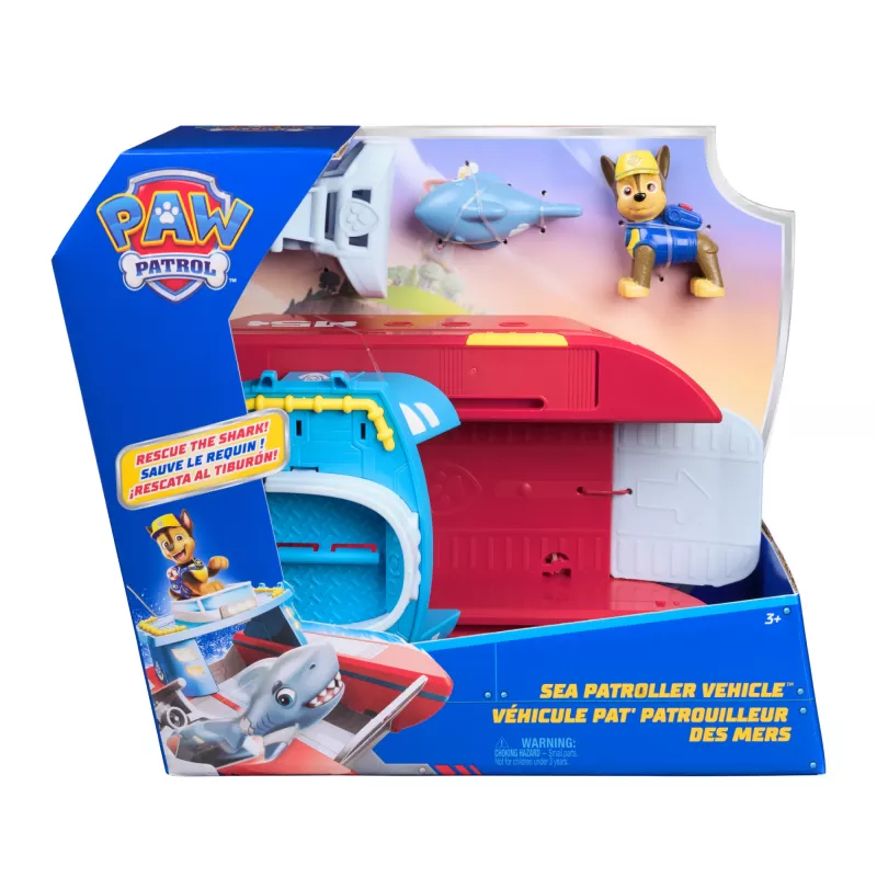 PAW Patrol jūrinis gelbėjimo laivas su Chase ir ryklio figūrėle, 2 režimai, žaislas vaikams nuo 3 metų