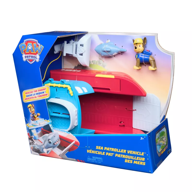 PAW Patrol jūrinis gelbėjimo laivas su Chase ir ryklio figūrėle, 2 režimai, žaislas vaikams nuo 3 metų