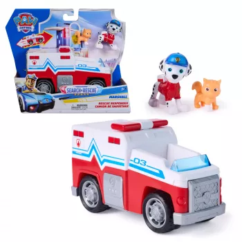 PAW Patrol: Search & Rescue – Marshall gelbėjimo automobilis su 2 figūrėlėmis, traukiamas ir paleidžiamas žaislinis sunkvežimis, vaikų žaislai berniukams ir mergaitėms nuo 3 metų