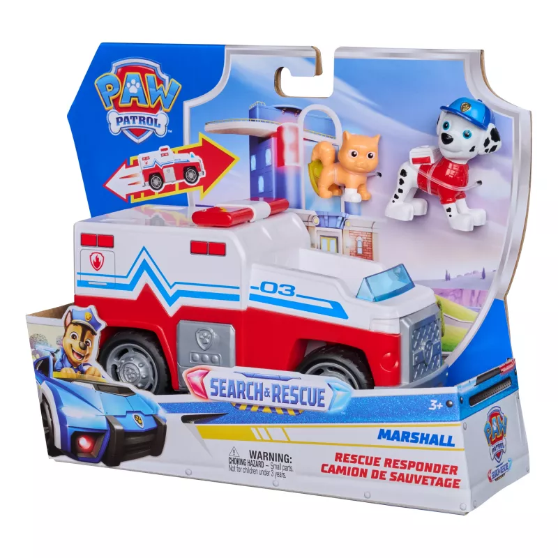 PAW Patrol: Search & Rescue – Marshall gelbėjimo automobilis su 2 figūrėlėmis, traukiamas ir paleidžiamas žaislinis sunkvežimis, vaikų žaislai berniukams ir mergaitėms nuo 3 metų
