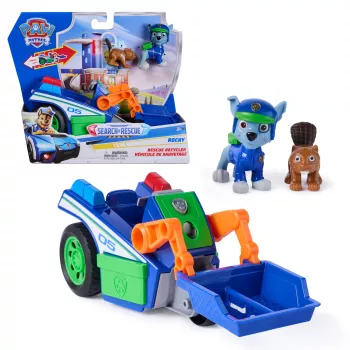 PAW Patrol: Paieškos ir gelbėjimo automobilis Rocky Rescue Recycler su 2 figūrėlėmis, atgalinio užvedimo veiksmu, žaislas vaikams nuo 3 metų