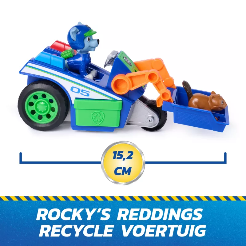 PAW Patrol: Paieškos ir gelbėjimo automobilis Rocky Rescue Recycler su 2 figūrėlėmis, atgalinio užvedimo veiksmu, žaislas vaikams nuo 3 metų