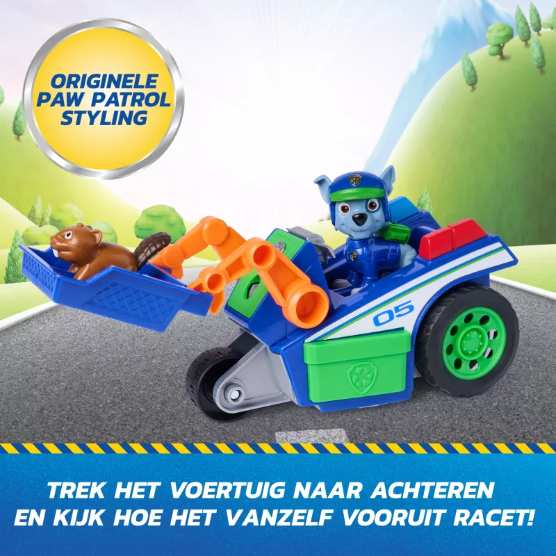 PAW Patrol: Paieškos ir gelbėjimo automobilis Rocky Rescue Recycler su 2 figūrėlėmis, atgalinio užvedimo veiksmu, žaislas vaikams nuo 3 metų
